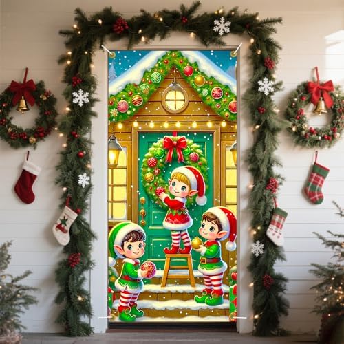 Elf Trio A-Frame Cabin Snowy Christmas Door Cover 35x71in