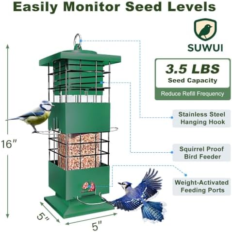 Squirrel Proof Bird Feeder, 3.5Lb Capacity Metal Bird Feeders for Outdoors Hanging, All-Weather Weight Activated Tube BirdFeeder with 4 Ports for Outside,Pigeon Resistant,Easy to Clean & Refill(Green)