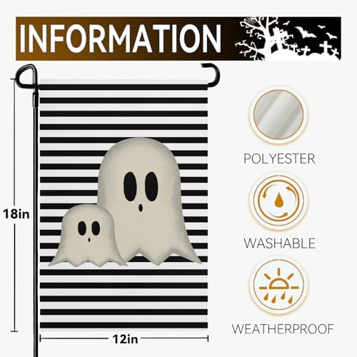 Halloween Garden Flags 12x18 Inch Ghost Black and White Stripes Small Flags for Outside Holiday Scary Yard Flag for Lawn Outdoor Decorations Sign