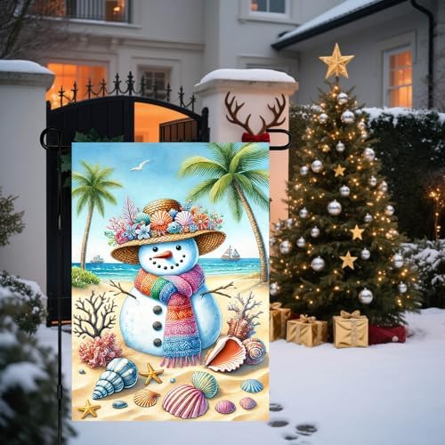 BlissYard Winter Garden Flag Beach Snowman Coastal Scene 12 x 18 Inch