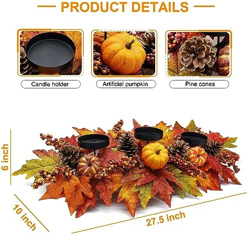 Thanksgiving Centerpiece Fall Table Decorations, Artificial Pumpkins, Pine Cones, Maple Leaves and Berries, Harvest Table Candle Holder for Dinning Table, Fireplace Mantel (Candle Not Included)