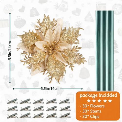 30PCS Artificial Christmas Poinsettia Flowers with Clips and Stems, 5.5 Inch Glitter Gold Xmas Tree Decorations, Holiday Poinsettia Picks Ornaments for Christmas Tree, Wreaths, Garlands & Home