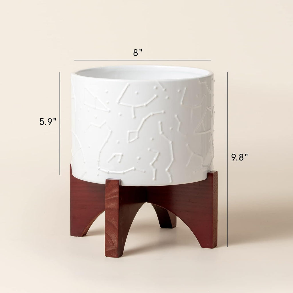 LA JOLIE MUSE Ceramic Pot for Plants, 8 Inch Indoor Planter with Stand | Decorative Plant Pot with Wood Stand and