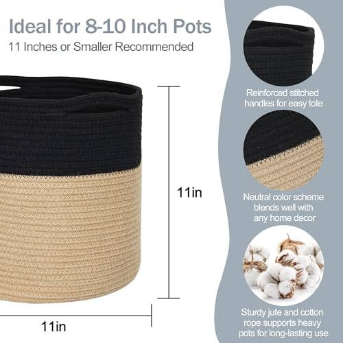 MEGASKET Wicker Plant Basket Indoor, 11" x 11" Jute Spliced Cotton Rope Basket Planter for 10" Pot, Woven Flower Tree Pots Cover, Small Floor Indoor Planters, Modern Bins for Plants and Home Decor