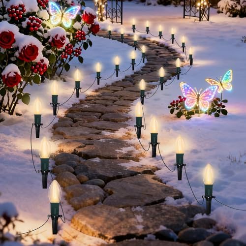 C9 LED Christmas Pathway Lights, 38FT Outdoor Warm White Pathway Markers Lights with 25 Stakes, Connectable Waterproof Outside Christmas Decorations for Xmas Party Decor Patio Yard Lawn, Garden