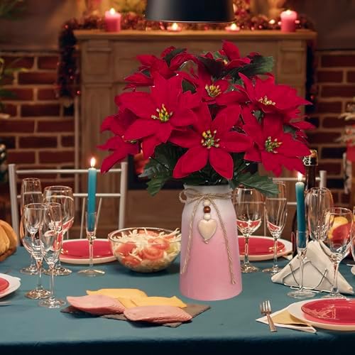 Artificial Poinsettia Christmas Flower Arrangement in Pink Vase, Festive Red Faux Flowers with Heart Charm for Home, Office & Holiday Décor