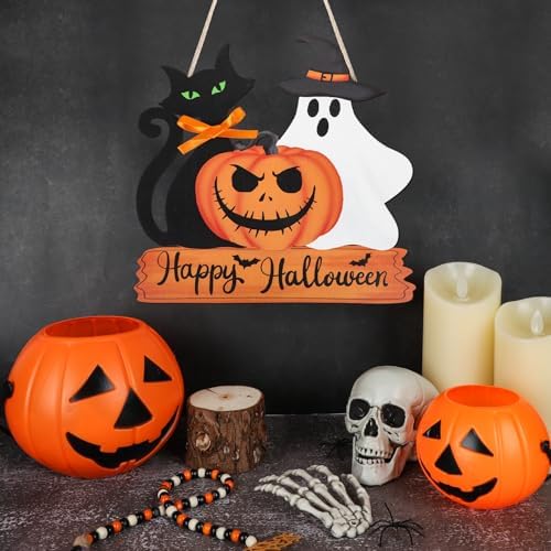 Halloween Door Decorations Ghost Pumpkin Black Cat Wooden Hanging Sign