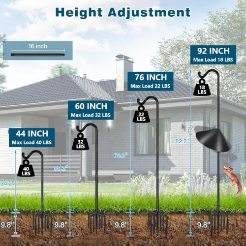 Gtongoko Tall Shepherds Hook for Outdoor, 108 Inch Bird Feeder Pole with 7 Prongs Base, 3/4 Inch Thick Heavy Duty Adjustable Garden Hook for Hanging Plant, Lantern, Hummingbird Feeder, 1 Pack