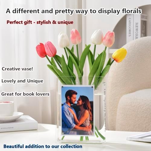 Clear Photo Vase for Flowers, Picture Frame Flower Vase with 6x4 Photo Insert - Acrylic Book-Shaped Vase for Home, Office Desk, and Living Room Decor