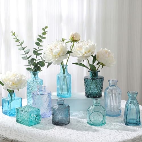 Set of 15 Blue Glass Bud Vases Small Textured Flower Vases