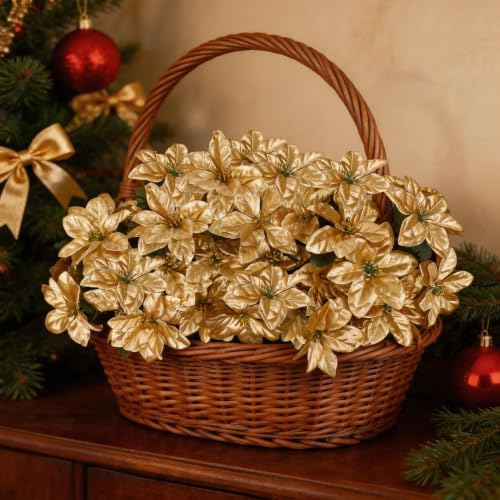 3 Pack Artificial Poinsettia Bushes – 9.8" Faux Gold Poinsettia Bouquets with 7 Heads Each, Christmas Artificial Flowers for Holiday Tree, Table Centerpiece, Indoor Outdoor Décor, DIY Table Runner
