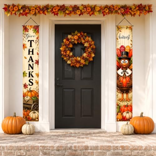 IVN Give Thanks Turkey Porch Banner Thanksgiving Decor 2 Pcs