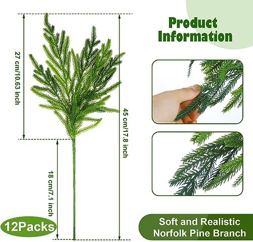 Jutom 12 Pcs Artificial Christmas Norfolk Pine Branches Stems, 18 Inches