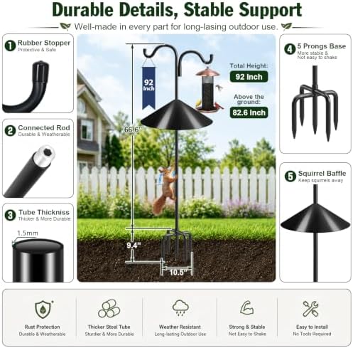 Gtongoko Squirrel Proof Bird Feeder Pole, 92" Shepherds Hook with Baffle