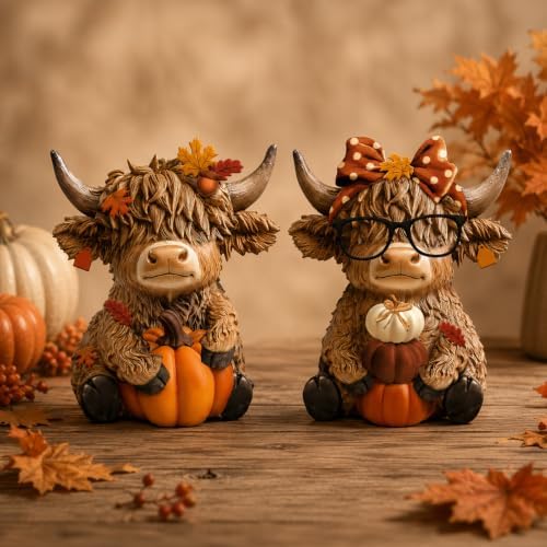 Karenhi 2 Pcs Fall Highland Cow Figurines Resin, Autumn Tabletop Decor