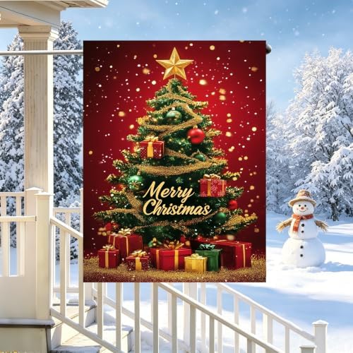 Large Christmas Tree House Flags Outside 28x40 Double Sided Burlap