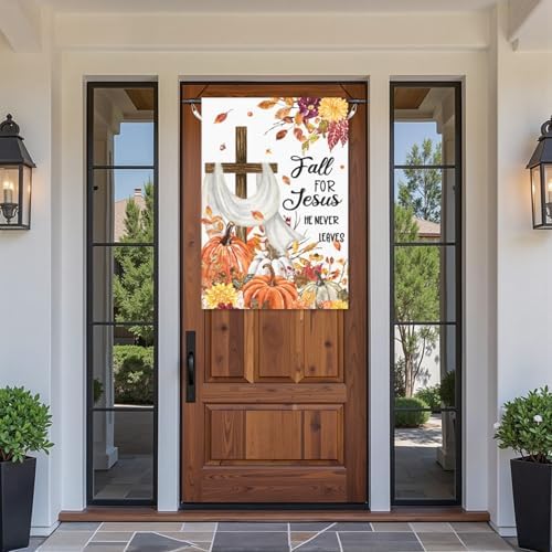 Fall For Jesus He Never Leaves Garden Flag 28x40 Inch Double Sided for Outside Autumn Thanksgiving Yard Flags Pumpkin Cross Outdoor Large Flag for Home Decorations