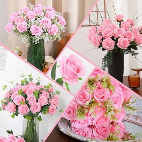 50PCS Artificial Silk Roses in Bulk & Bouquet Long Stem – Realistic Fake Roses for Wedding Centerpieces, Home Decor, Floral Arrangements, Party Decoration (Pink)