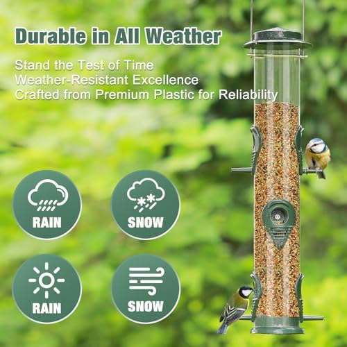 ERYTLLY Metal Bird Feeders 6 Port Tube Bird Feeder for Wild Birds, 1.4mm Extra Thick Solid Tube Transparent with Steel Hanger Bird Feeders 16.5 Inch for Outside