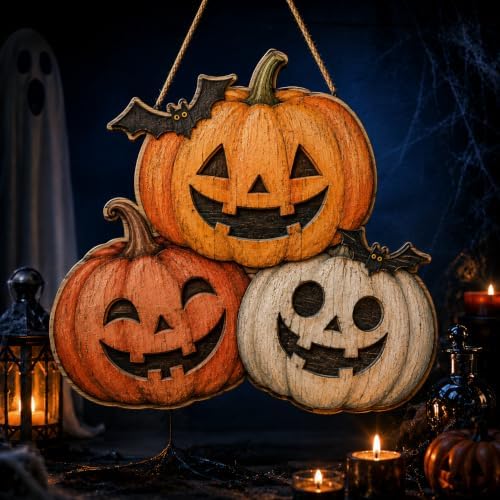Halloween Wreaths for Front Door, Wooden Triple Pumpkin Bat Hanging Sign