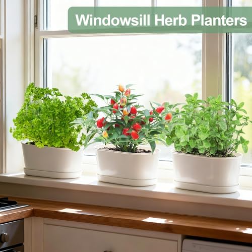 Oliz Set of 4 White Oval Window Sill Planters with Drainage Holes and Trays（7 Inch） for Herbs Basil Orchids Succulents, Modern Herb Garden Planter for Indoor/Outdoor Plants