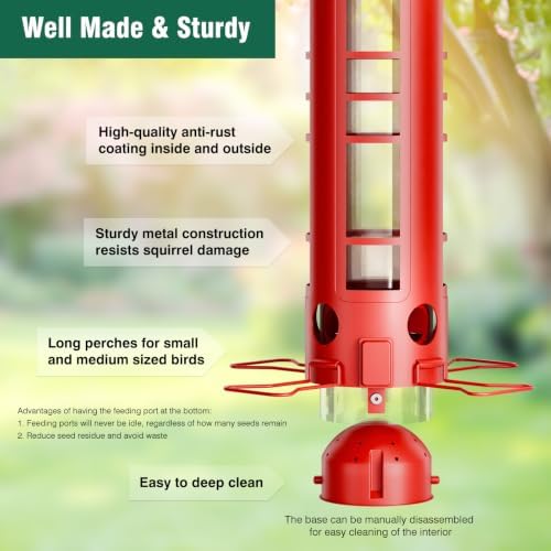 Squirrel Proof Metal Bird Feeder, Removable Base for Cleaning, Weight Activated Perches, 3 Lbs Capacity, Weatherproof & Rust Proof, Outdoor Hanging Bird Feeder for Cardinals, Finches