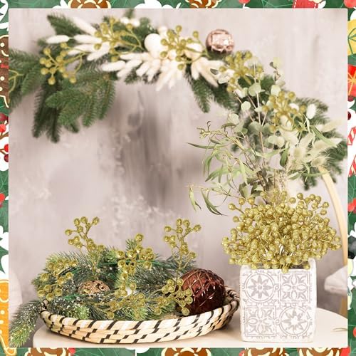 24PCS Gold Berry Stems 7.08in Christmas Tree Decorations Picks Glitter