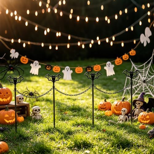 4 Sets Metal Halloween Fence for Outdoor Garden, 23.6in Halloween Graveyard Fences Bat Garden Fence with Connecting Chains Weatherproof Spooky Cemetery Decor for Outdoor Graveyard Pathway Party Scene