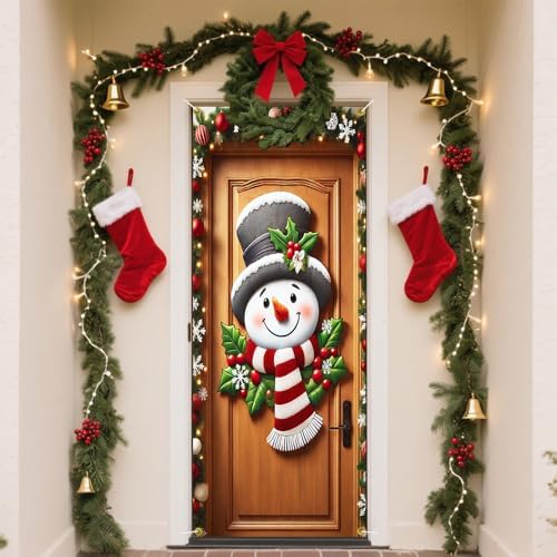 Snowman Face Door Hanger 35x71in Top Hat Holly Pine Frame
