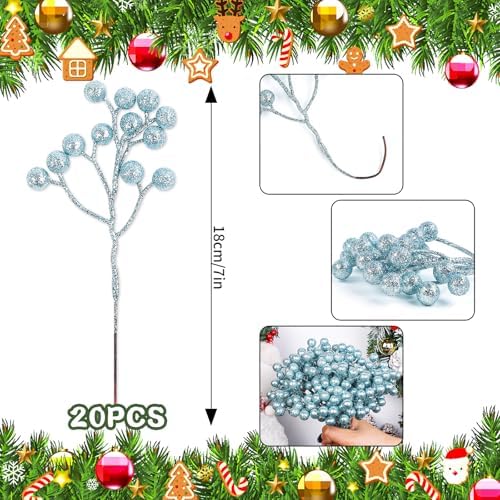 Fangoo 20 Pack 7 Inch Artificial Light Blue Berry Picks for Christmas Tree Light Blue Berries Stems Holly Berry Branches Ornaments Wreath Crafts Wedding Holiday Season Winter Home Decor