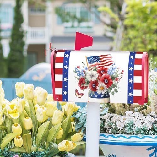 4th of July Flowers Mailbox Cover 25”x21” Independence Day Mail Box Covers Magnetic Oversized USA Floral American Flag Stars Stripes Decorative Mailbox Post Letter Cover Box Wraps for Home Garden Yard