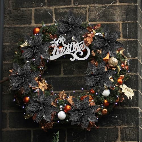 Childom 15 PCS Black Artificial Poinsettia Flowers with Clips,Christmas Decorations Glitter Poinsettia Christmas Ornaments Xmas Tree Flower with Stems DIY Xmas Wreath Home Holiday Party Supplies