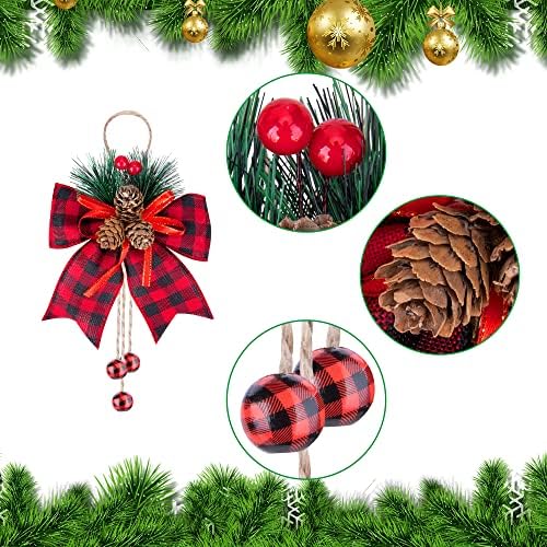 codree 6 Pcs Christmas Burlap Plaid Bows with Pine Cones Pine Needles