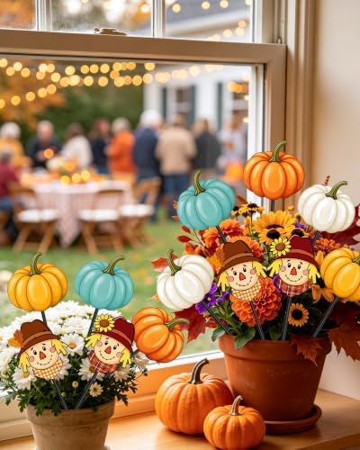 6 Pcs Fall Outdoor Decor Garden Stakes Pumpkin Scarecrow Metal Yard Sign Autumn Yard Stakes Thanksgiving Decorations for Planter Lawn Patio