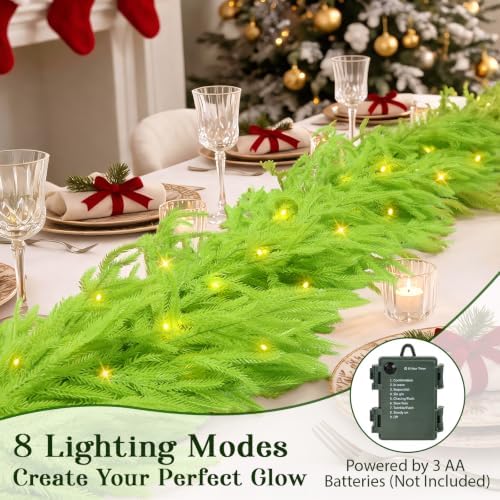 9FT Soft Touch Artificial Norfolk Pine Christmas Garland with Timer Lights