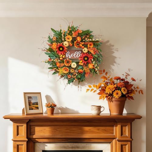 24 Inch Artificial Fall Wreaths for Front Door Outside with Hello Sign''