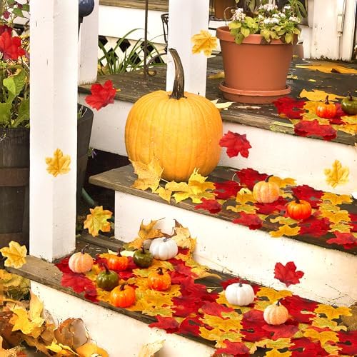 SITUMEIZI Fake Fall Leaves Set Autumn Leaves with Mini Pumpkin for Farmhouse Harvest Thanksgiving Table Decor 52 Pcs