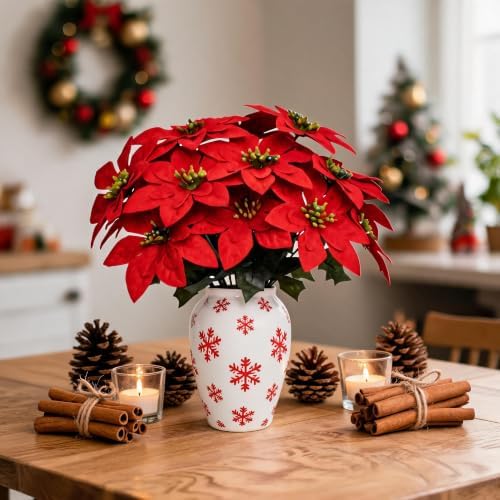 4 Pack Artificial Poinsettia Flowers, Large Red Velvet Poinsettia Bush Stems 11.8 Inch with 7 Flower Heads, Faux Xmas Flowers Picks with Green Leaves for Christmas Tree, Wreath, Garland, Vase Décor