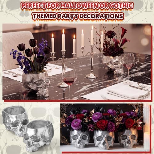 2 Pack Halloween Skull Planter, Silver, Modern