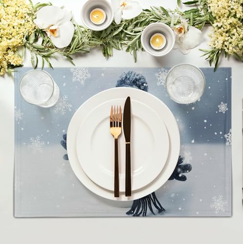 Snowman Placemats Set of 4, 12x18 Inch Winter Cute Blue Snowman Snowflake Table Mats Seasonal Christmas Holiday Washable Linen Fabric Place Mats for Farmhouse Party Kitchen Dining Decor