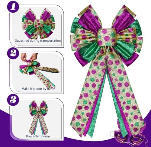 Mardi Gras Tree Topper Bow Decorations,12”x20” Large Glitter Wreath Bow Decor for Tree Holiday Party Wall Home Front Door Float Golf Cart Gold Green Purple