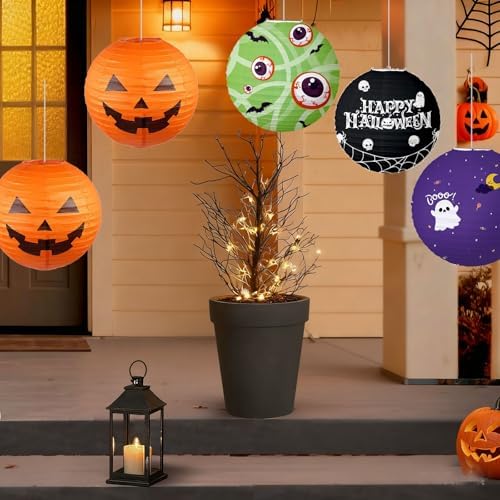Halloween Hanging Paper Lanterns Party Decorations Indoor/Outdoor,Hocus Pocus Decorations/Baby Shower, Birthday,Halloween Pumpkin Paper Lanterns, 12 Inch, 5 Pack, Black Orange Purple Green