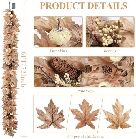 6 FT Lighted Fall Garland with Lights Autumn Automatic ON/Off Timer