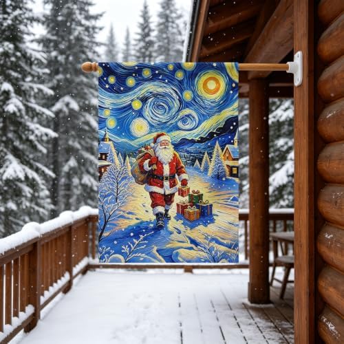 Christmas House Flag Santa Claus Winter Village Xmas Garden Flag Snowy Merry Christmas Night Starry Sky Van Gogh Yard Banner Double Sided for Farmhouse Seasonal Porch Decor 28 x 40 Inch