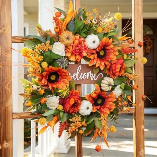 24 Inch Fall Wreaths for Front Door Outdoor, Autumn Wreath for Thanksgiving