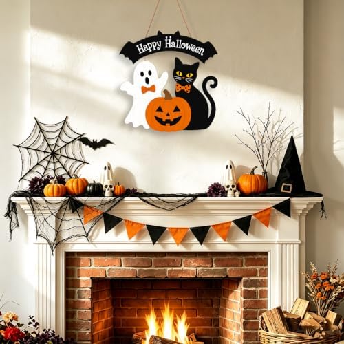 Halloween Welcome Wreath for Front Door Wooden Ghost Black Cat Door Decor