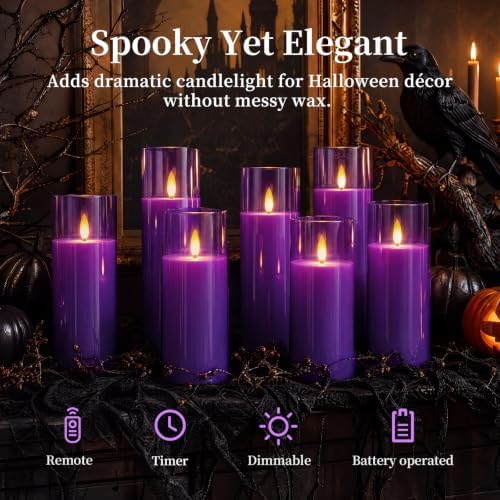Homemory Purple Flameless LED Pillar Candles, Remote Timer, 9 Pack