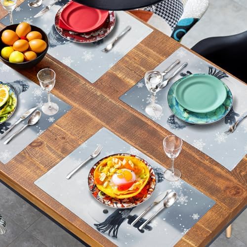 Snowman Placemats Set of 4, 12x18 Inch Winter Cute Blue Snowman Snowflake Table Mats Seasonal Christmas Holiday Washable Linen Fabric Place Mats for Farmhouse Party Kitchen Dining Decor