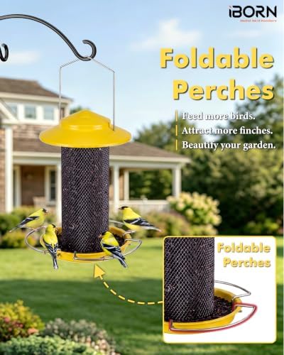 iBorn Tube Bird Feeder for Small Seeds, Wild Bird Feeder with 3 Fold-Down Perches, Detachable Easy-Clean Mesh Design, Locking Base, 1.5L Metal Bird Seed Feeder for Outside, Yellow, Pack of 1