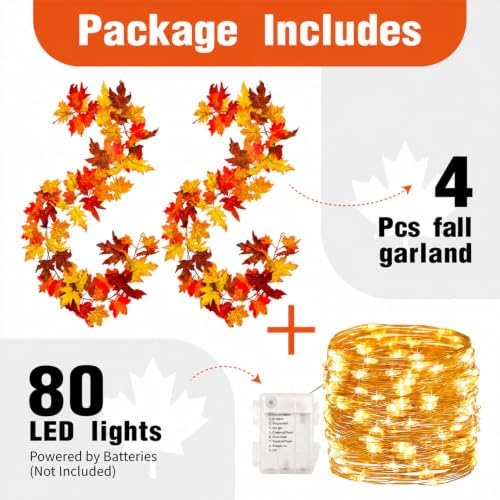 KASZOO 4 Pack Fall Maple Garland with 80 LED String Light- 5.8ft/Piece Artificial Fall Foliage Garland Autumn Decor for Home Wedding Party
